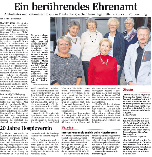 Ambulantes und stationäres Hospiz in Frankenberg suchen freiwillige Helfer 