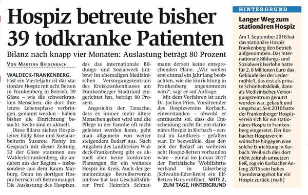 Hospiz Frankenberg betreute bisher 39 todkranke Patienten