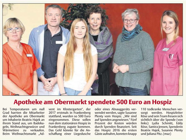 Apotheke am Obermarkt spendete 500 Euro an Hospiz