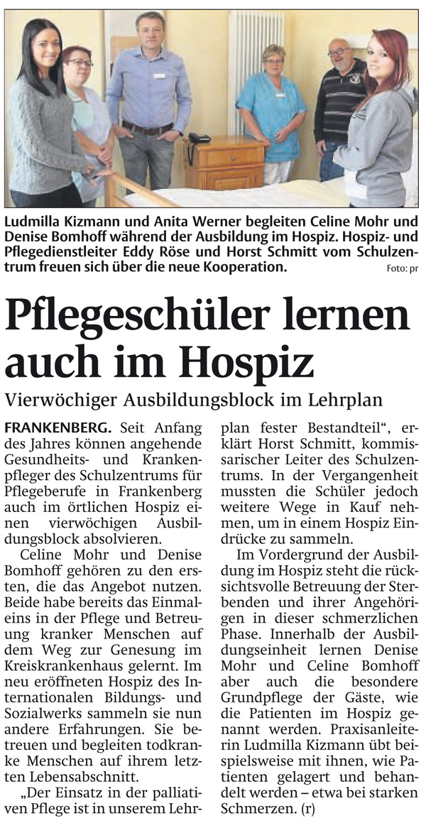 Pflegeschüler lernen auch im Hospiz Frankenberg (Eder)