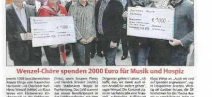 Wenzel-Chöre spenden 2000 Euro für Hospiz Frankenberg