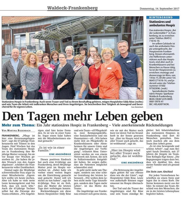 Den Tagen mehr Leben geben - Ein Jahr stationäres Hospiz Frankenberg