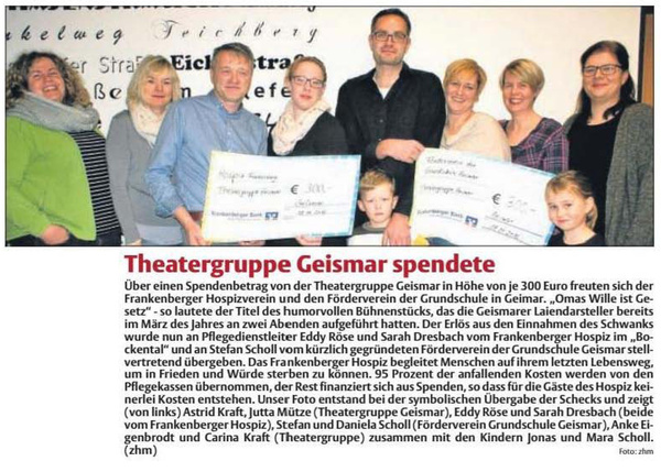 Theatergruppe Geismar spendete für Hospiz Frankenberg