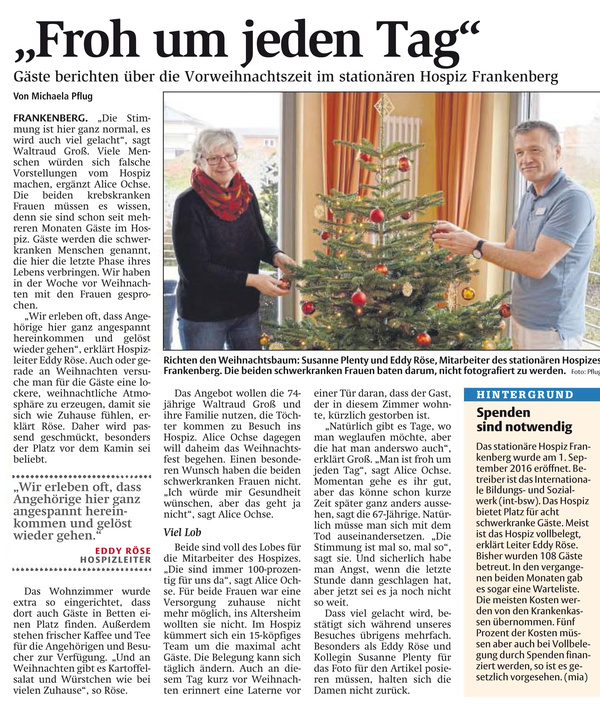 Gäste berichten über die Vorweihnachtszeit im stationären Hospiz Frankenberg