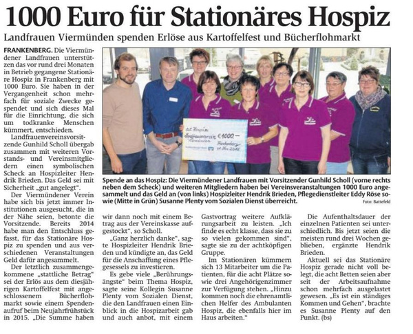 1000 Euro für Stationäres Hospiz Frankenberg / Eder