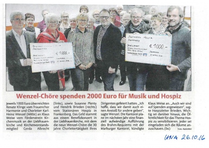 Wenzel-Chöre spenden 2000 Euro für Hospiz Frankenberg