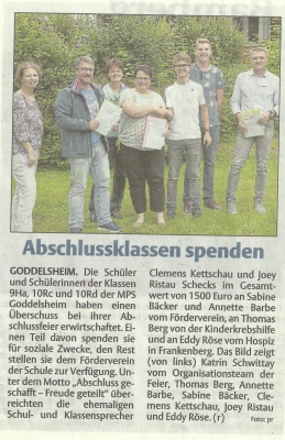 Abschlussklassen spenden für Hospiz Frankenberg